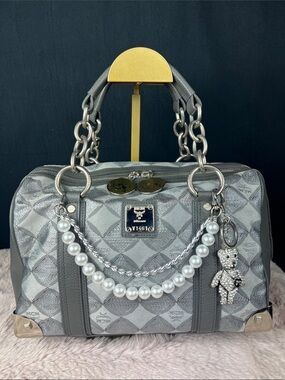 MCM München Rare Silver Metallic Jacquard Boston Satchel Chain Handle Bag EUC